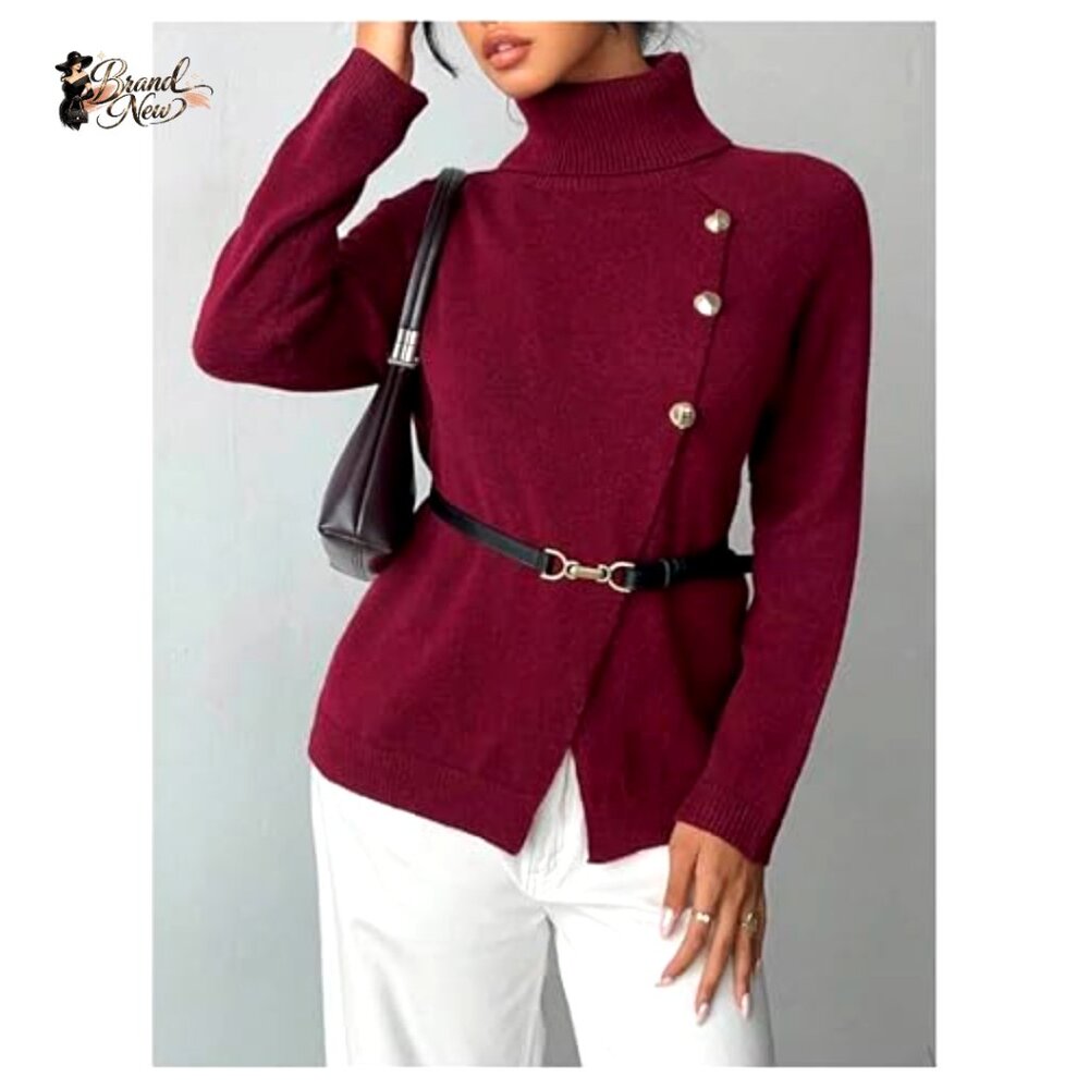 Polyester Knit Button Wrap Turtleneck Pullover Sw… - image 3